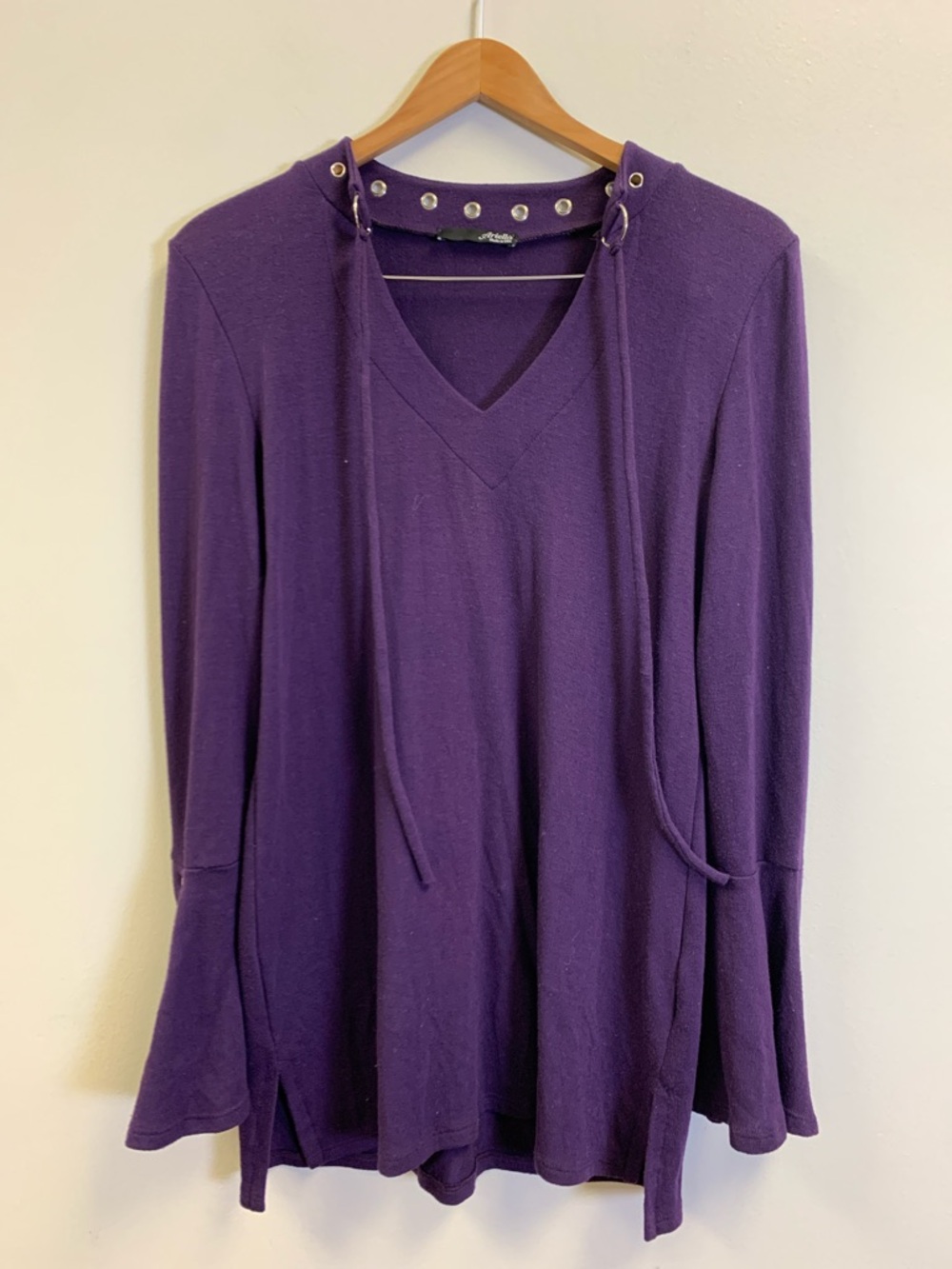 Ariella Purple V-Neck Hooded Long Sleeve Top with Grommet Ties